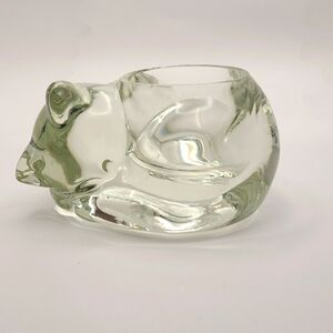 Avon heavy clear glass sleeping cat candle holder/paperweight